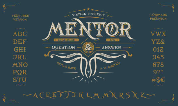 ilustrações de stock, clip art, desenhos animados e ícones de font mentor. vintage design. old label, logo - gothic style