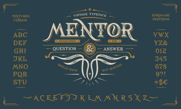 Font Mentor. Vintage design. Old label, logo Font Condor. Craft retro vintage typeface design. Graphic display alphabet. Fantasy type letters. Latin characters, numbers. Vector illustration. Old badge, label, logo template. gothic style stock illustrations