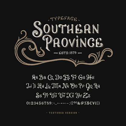 Font Southern Province. Craft retro vintage typeface design. Graphic display alphabet. Fantasy type letters. Latin characters, numbers. Vector illustration. Old badge, label, logo template.