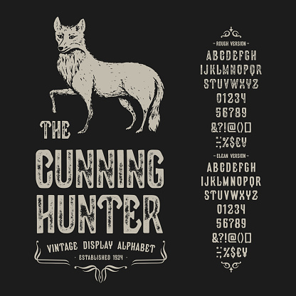 Font The Cunning Hunter. Craft retro vintage typeface design. Graphic display alphabet. Fantasy type letters. Latin characters, numbers. Vector illustration. Old badge, label, logo template.