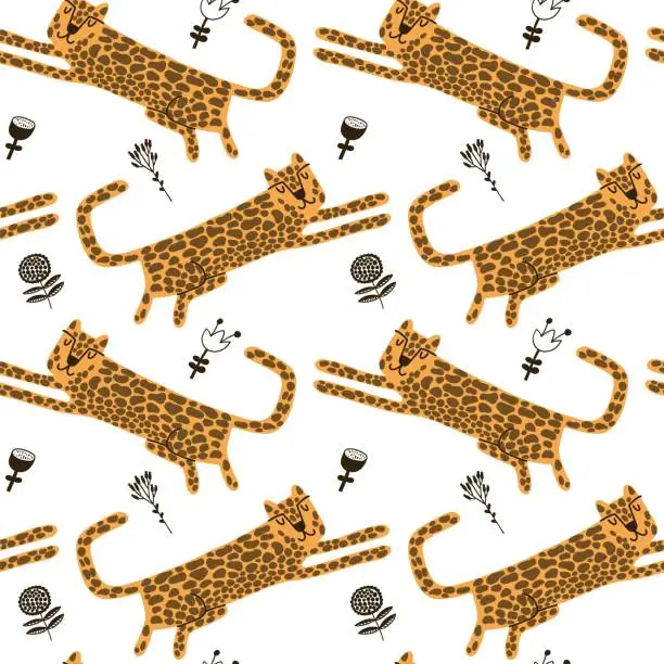 Vector illustration of Leopard seamless pattern. Wild animal leopard print. Cartoon funny gepard.