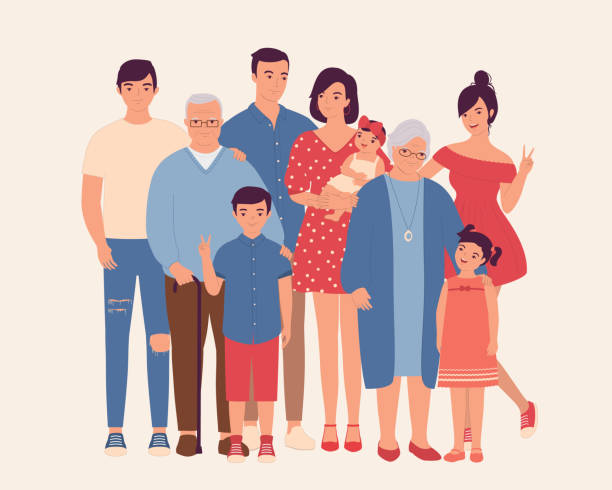 Happy Multi-Generation Family. Portrait Of Family With Different Generations, Grandparent, Parent And Children. Full Length, Isolated On Solid Color Background. Vector, Illustration, Flat Design, Character. mixed age range stock illustrations