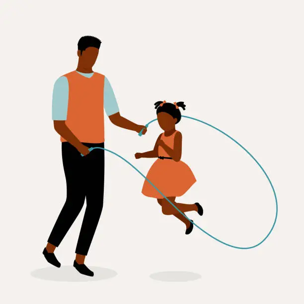 Vector illustration of Black Father And Daughter Playing Jumping Rope Together.