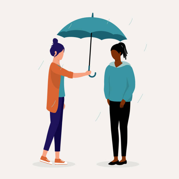 Multiracial Friendships And Support. Woman Caring For Her Friend Who Is Feeling Under The Weather. Full Length, Isolated On Solid Color Background. Vector, Illustration, Flat Design, Character. compassion stock illustrations
