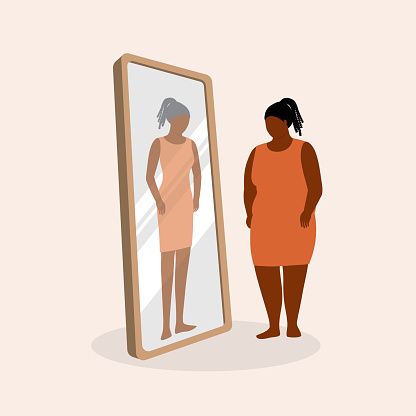 Young Overweight Black Woman Imagine Having Her Slim Body Over The Reflection In The Mirror. Full Length, Isolated On Solid Color Background. Vector, Illustration, Flat Design, Character.