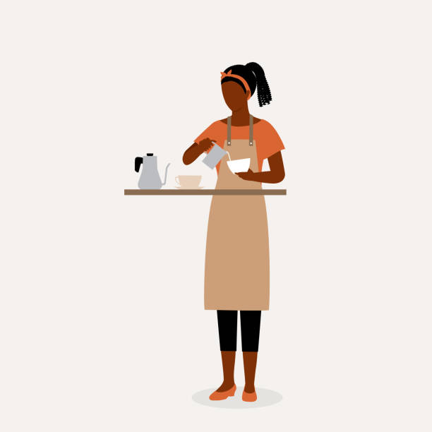Black Woman Barista Making Coffee. Black Female Coffee Artist With Apron Serving Coffee. Full Length, Isolated On Solid Color Background. Vector, Illustration, Flat Design, Character. barista stock illustrations