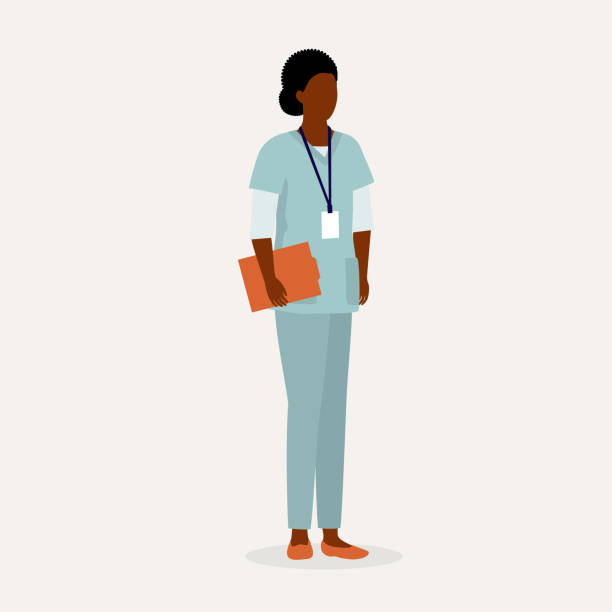 Black Female Nurse. Healthcare Occupation. Black Female Nurse With Name Tag Standing And Holding A Clipboard. Full Length, Isolated On Solid Color Background. Vector, Illustration, Flat Design, Character. nurse stock illustrations