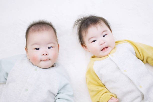 Two newborn twin babies lay side by side on a cozy white fur blanket, holding soft knitted stuffed animals. Their relaxed expressions and gentle gestures showcase a precious sibling bond, surrounded by warm textures and comforting toys. The knitted bunny and teddy bear add a charming handmade touch to this tender moment of early childhood