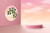 istock Realistic pink 3D cylinder pedestal podium with cloud vanilla sky and green leaf in circle window. Abstract studio room geometric platform. Minimal scene for products stage showcase, Promotion display 1371447908