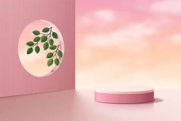 Vector illustration of Realistic pink 3D cylinder pedestal podium with cloud vanilla sky and green leaf in circle window. Abstract studio room geometric platform. Minimal scene for products stage showcase, Promotion display