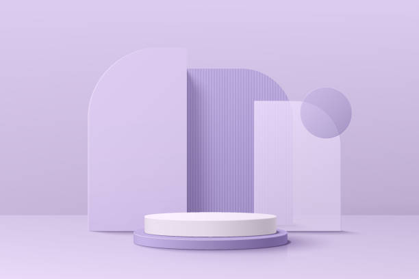 реалистичный фиолетовый и белый 3d цилиндрический пьедестал подиума с геометрическим фоном. минимальная сцена для витрины сцены продукции, - podium stock illustrations