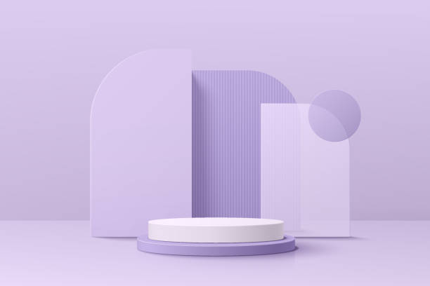 istock Realistic violet and white 3D cylinder pedestal podium set with geometric set background. Minimal scene for products stage showcase, promotion display. Vector geometric platform. Abstract room design. 1371448812