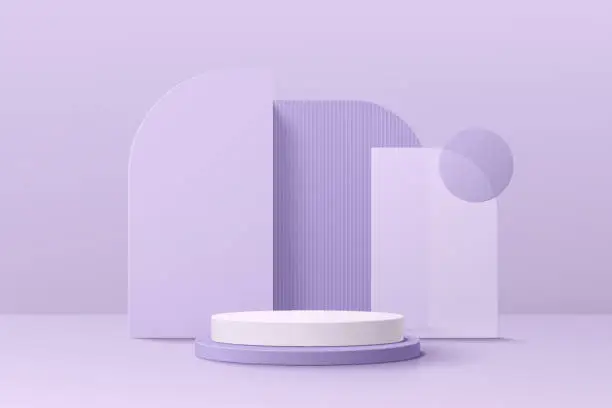 Vector illustration of Realistic violet and white 3D cylinder pedestal podium set with geometric set background. Minimal scene for products stage showcase, promotion display. Vector geometric platform. Abstract room design.