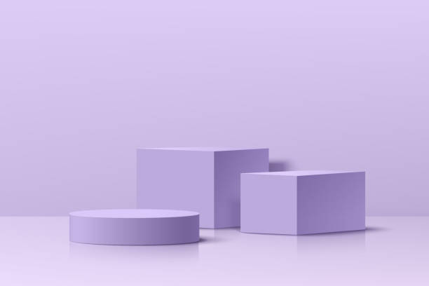 illustrations, cliparts, dessins animés et icônes de cube violet réaliste et podium de piédestal à cylindre violet dans une salle abstraite pastel. scène minimale pour la vitrine de scène des produits, affichage de la promotion. conception de plate-forme géométrique vectorielle. illustration vectoriel - article