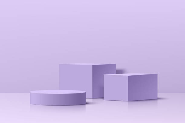 illustrazioni stock, clip art, cartoni animati e icone di tendenza di realistico cubo viola 3d e podio del piedistallo cilindrico ambientato in una stanza astratta pastello. scena minima per la vetrina del palcoscenico dei prodotti, visualizzazione della promozione. progettazione di piattaforme geometriche vettoriali. illust - piedistallo