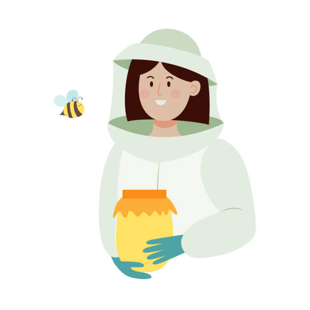 Beekeeper female character in a bee protection suit with a jar of honey. Flat vector illustration isolated. Beekeeper female character in a bee protection suit with a jar of honey. Flat vector illustration isolated on white background. woman beehive stock illustrations