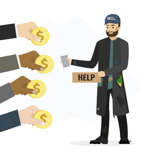 Homeless vagrant man ask for money. Caucasian beggar holds donation mug and cardboard. Various hands give dollar coins. Jobless man need money help. Homeless vagrant man ask for money. Caucasian beggar holds donation mug and cardboard. Various hands give dollar coins. Jobless man need money help. Social issues, concept. Flat vector illustration white background dollar sign currency symbol dependency stock illustrations