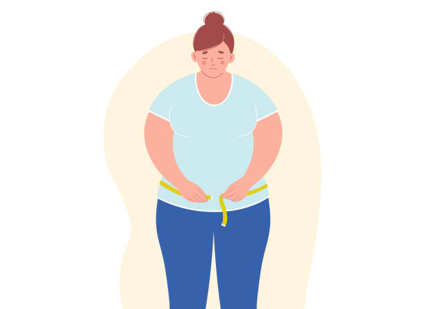overweight woman measuring her waist with tape measure. diet and weight loss concept. - 重量 量度單位 幅插畫檔、美工圖案、卡通及圖標