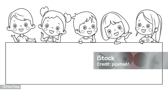 istock Black And White, Kids holding big blank banner. Cheerful diverse children laughing and smiling 1371457066