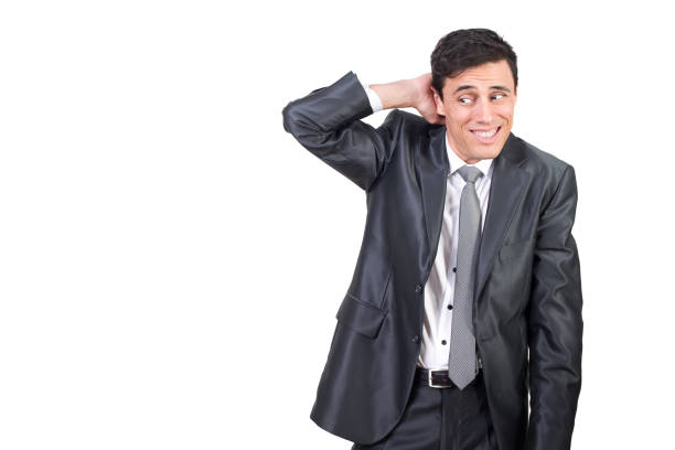 shy man in formal wear touching head - white collar worker fear businessman business imagens e fotografias de stock