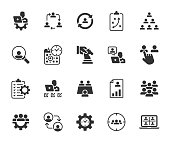 istock Vector set of management flat icons. Contains icons project management, coordination, online meeting, personnel management, team, skills, time management, remote management and more. Pixel perfect. 1371459556