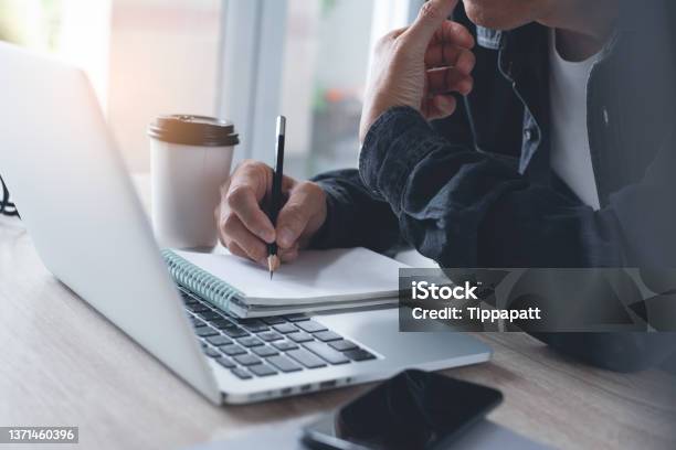 Businessman Working On Laptop Computer From Home Stock Photo - Download Image Now - Job Search, Note Pad, Note - Message