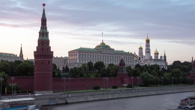 Sunset view of The Moscow Kremlin and Churches and Ivan Great Bell Tower.