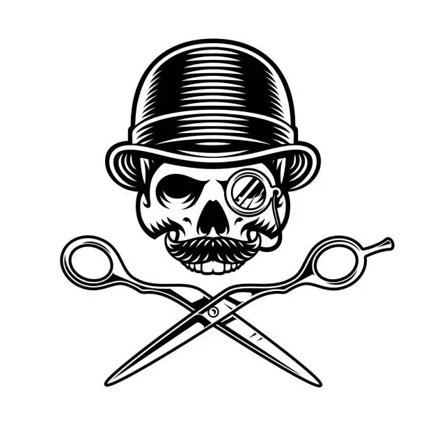 Vector illustration of Barber skull in hat with scissors