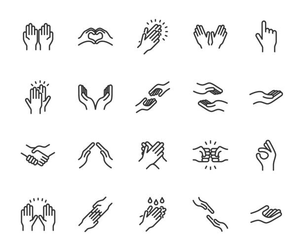 vektorsatz von zeigerliniensymbolen. enthält symbole applaus, händedruck, high five, helfende hand, kleines bisschen, händewaschen und mehr. pixel perfekt. - hände stock-grafiken, -clipart, -cartoons und -symbole