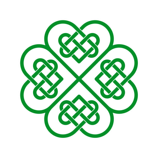 Celtic knot in a shape of shamrock. Green Irish heart. Four leaf clover lucky charms. Celtic endless love symbol. Saint Patrick's Day design element. Intertwined hearts. Vector illustration, clip art. celtic knot symbol of eternal love stock illustrations