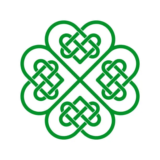 Vector illustration of Celtic knot in a shape of shamrock. Green Irish heart. Four leaf clover lucky charms.