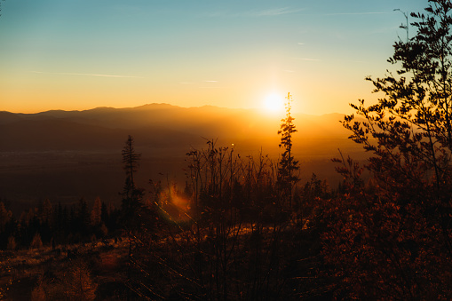 Aerial view of the scenic fall landscape with the mountain peaks and the forest during bright sunset in the High Tatras mountains, Slovakia