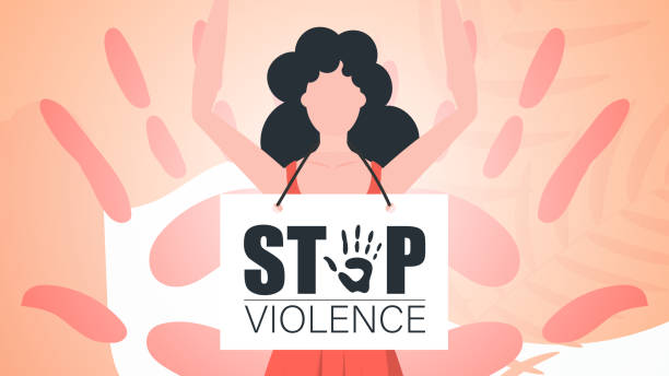 stop przemocy wobec kobiet. kobieta z transparentem. silna kobieta protestująca przeciwko przemocy. projektowanie ilustracji wektorowych. - fist fighting domestic violence violence stock illustrations