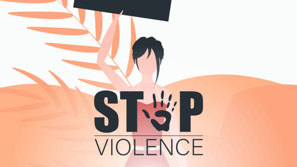 stop przemocy wobec kobiet. kobieta z transparentem. silna kobieta protestująca przeciwko przemocy. ilustracja wektorowa. - fist fighting domestic violence violence stock illustrations