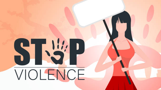 stop przemocy wobec kobiet. kobieta trzyma w rękach sztandar. międzynarodowy dzień eliminacji przemocy wobec kobiet. ilustracja wektorowa. - fist fighting domestic violence violence stock illustrations