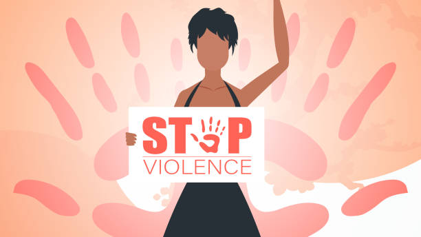 stop przemocy wobec kobiet. kobieta trzyma w rękach sztandar. silna kobieta protestująca przeciwko przemocy. projektowanie ilustracji wektorowych. - fist fighting domestic violence violence stock illustrations