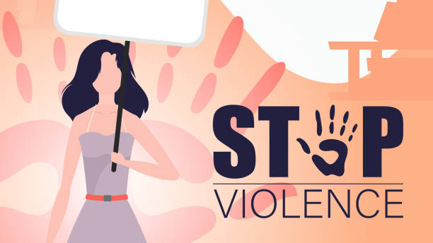 stop przemocy wobec kobiet. kobieta trzyma w rękach sztandar. silna kobieta protestująca przeciwko przemocy. ilustracja wektorowa. - fist fighting domestic violence violence stock illustrations