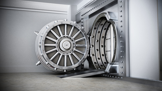 Open bank vault inside secure bank room