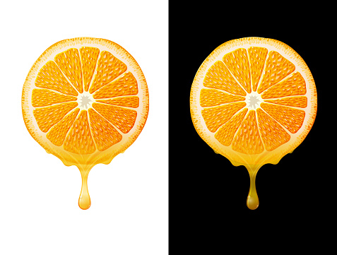 Orange juice flows from round cut of orange fruit. Vector illustration for fresh drinks, agriculture, healthy nutrition, cooking, gastronomy, etc