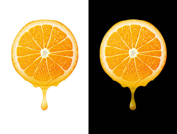 Orange slice with drops of fresh juice isolated on white and black Orange juice flows from round cut of orange fruit. Vector illustration for fresh drinks, agriculture, healthy nutrition, cooking, gastronomy, etc freshly squeezed stock illustrations