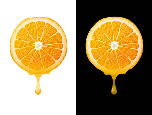 Vector illustration of Orange slice with drops of fresh juice isolated on white and black