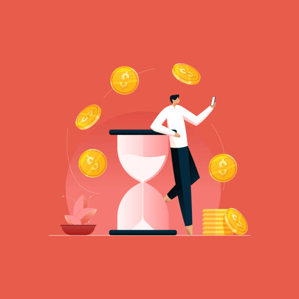 ilustraciones, imágenes clip art, dibujos animados e iconos de stock de concepto de pago rápido y seguro, banca en línea o transferencia de dinero con recompensas emocionantes - sand clock illustrations