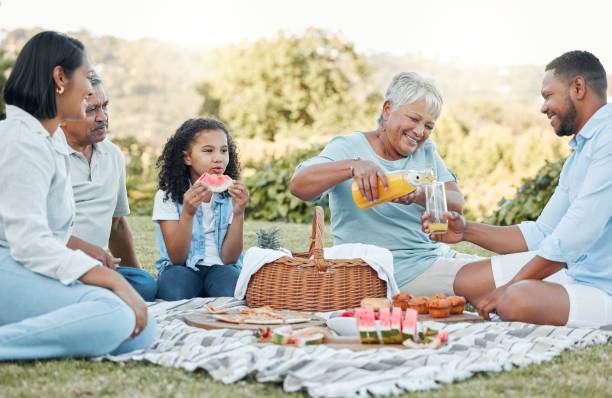 aufnahme einer familie, die ein picknick in einem park genießt - picknick stock-fotos und bilder