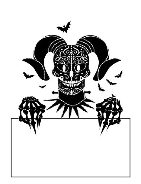 Vector illustration of Devil skull with horns and bats, holding blank paper, ornament details, isolated on the white background