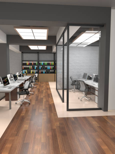 istock Modern Open Space Office with Glass Divided Rooms by Corridor 1371484325