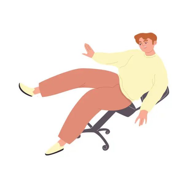 Vector illustration of Young man falls off his chair. The male character is flying to the floor. A person in an unstable position. The concept of failure. Cartoon vector illustration on an isolated white background.