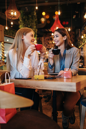 Two best friends sitting in coffee bar or restaurant after shopping and happily talking together.