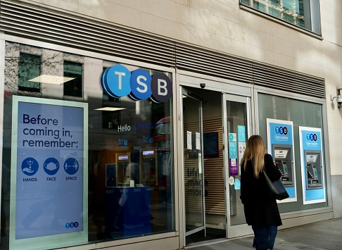 London, UK- February 17, 2022:The branch  of TSB bank in London. TSB Bank plc is a retail and commercial bank in the United Kingdom and a subsidiary of Sabadell Group.