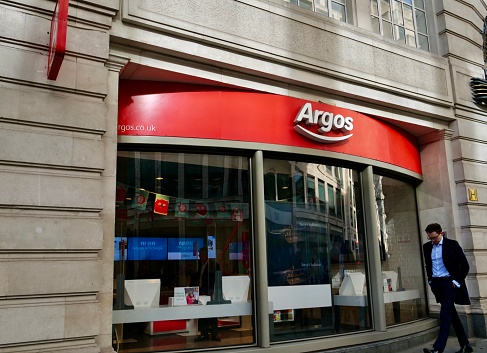 London, UK- February 17, 2022:The retail shop  of Argos in London.  Argos Limited, trading as Argos, is a catalogue retailer operating in the United Kingdom and Ireland, owned by Sainsbury's supermarket chain.