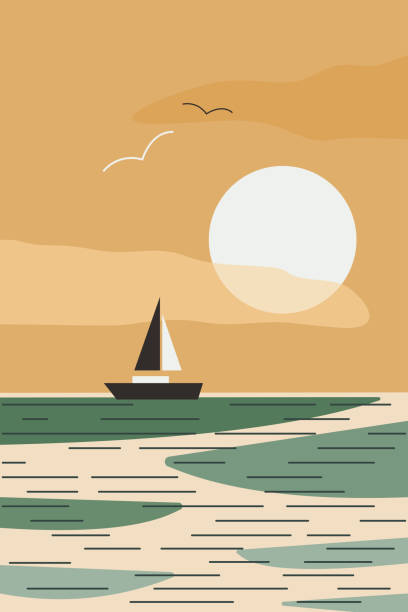 illustrazioni stock, clip art, cartoni animati e icone di tendenza di paesaggio marino minimalista astratto con barca e uccelli al tramonto - nautical vessel wave pattern old fashioned summer